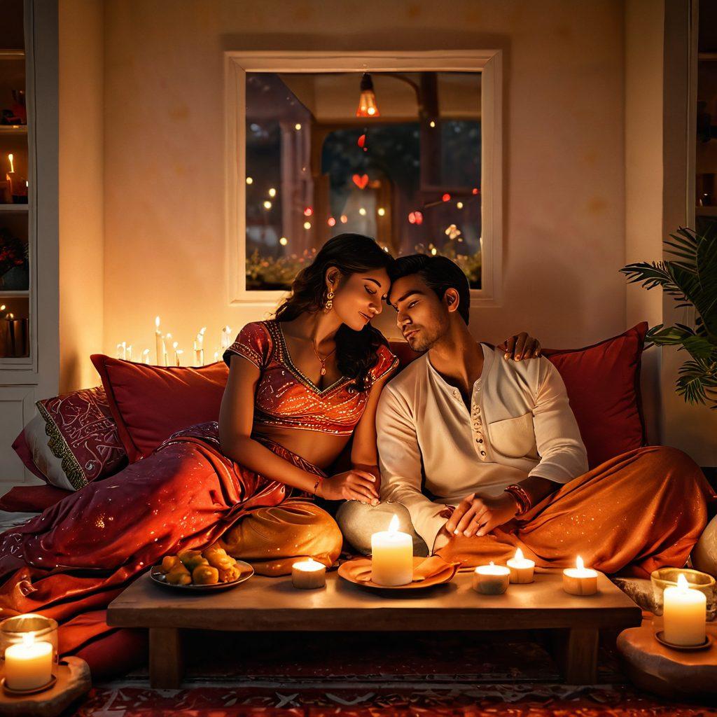 A warm and intimate setting showcasing a couple sharing a quiet moment, surrounded by vibrant Indian décor, plush cushions, and a soft candlelit glow. Their expressions reflect deep connection and passion, with hints of traditional Indian motifs in the backdrop. Overlay subtle hearts and romantic symbols to enhance the theme of intimacy. Vibrant colors. digital art. cozy atmosphere.