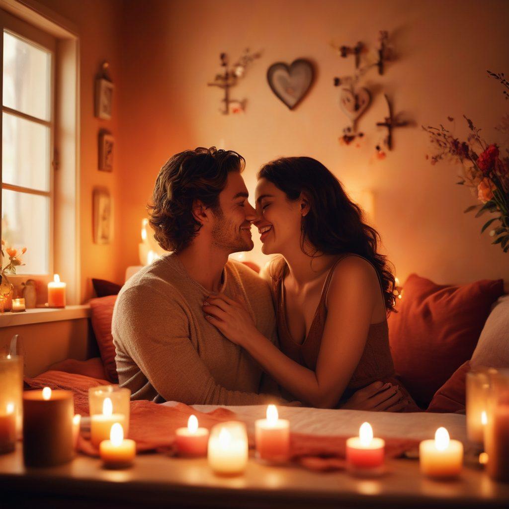 A tender scene of a couple sharing an intimate moment in a cozy, softly-lit room filled with warm colors. They are laughing and playfully playing with each other, surrounded by symbols of love such as candles, flowers, and heart-shaped decor. The atmosphere exudes warmth, connection, and passion. super-realistic. warm colors. soft focus.