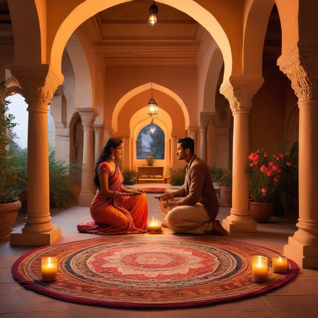 A romantic scene in an Indian setting, depicting a couple sharing a tender moment, surrounded by traditional floral decorations and soft, warm lighting. Incorporate elements of cultural symbols like mandalas and incense, enhancing the theme of intimacy and sexual wellness. The background showcases subtle hints of Indian architecture, such as arches and intricate carvings, creating a cozy and inviting atmosphere. soft focus. vibrant colors. warm hues.